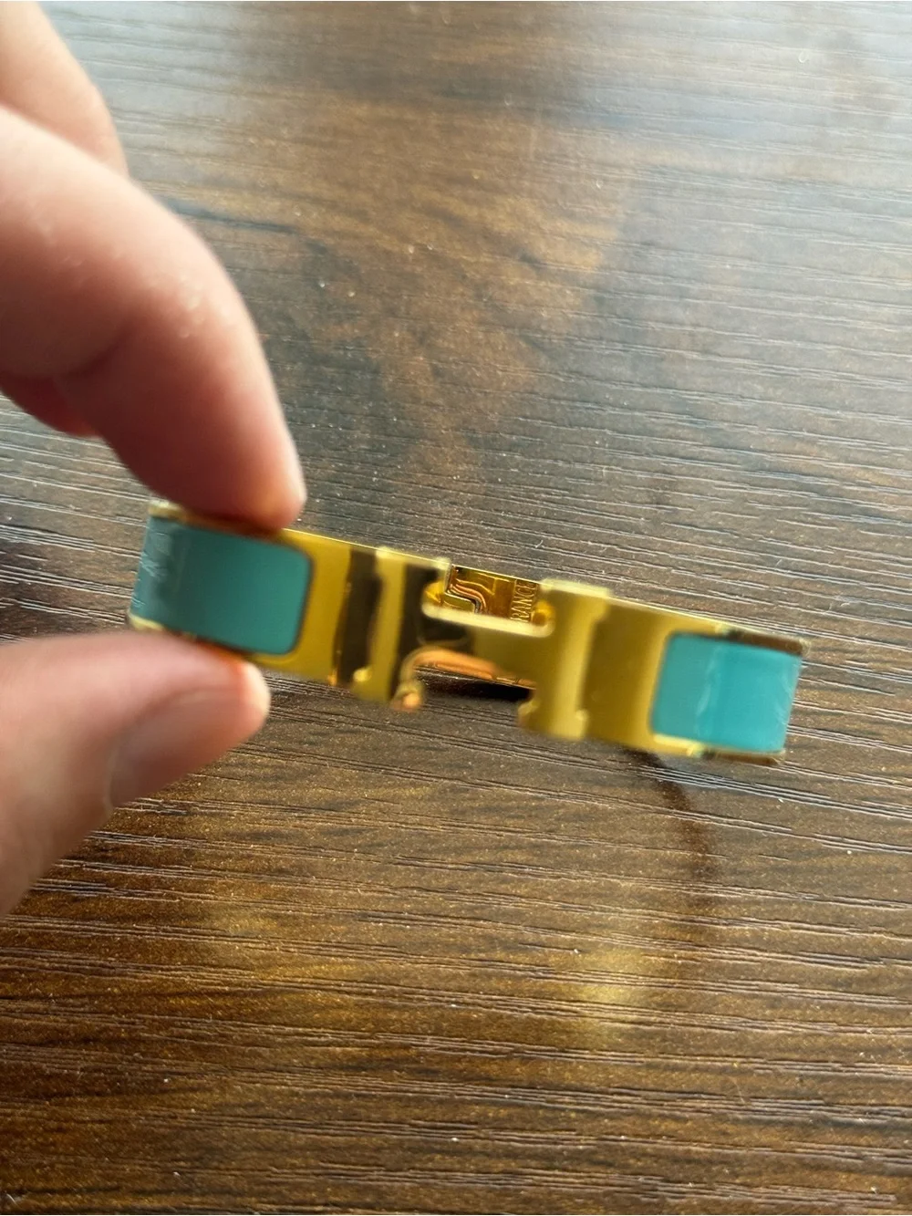Beautiful Hermes Gold and Turquoise Enamel Clic H Bracelet - Picture 4 of 13